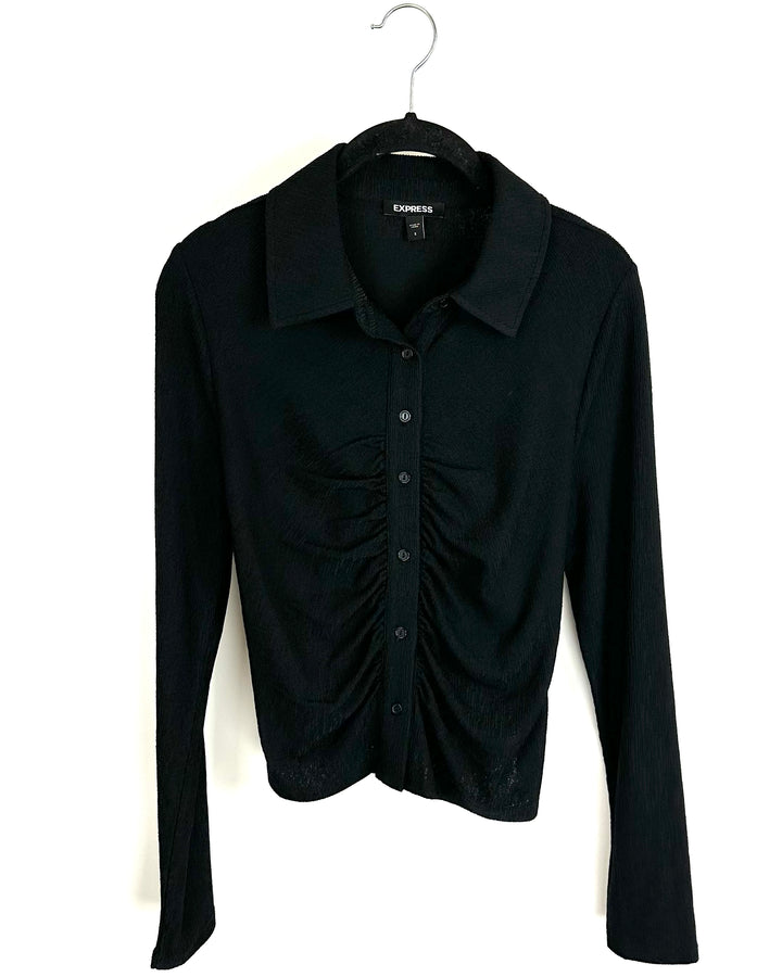 Long Sleeve Black Ruched Blouse - Size 0/2