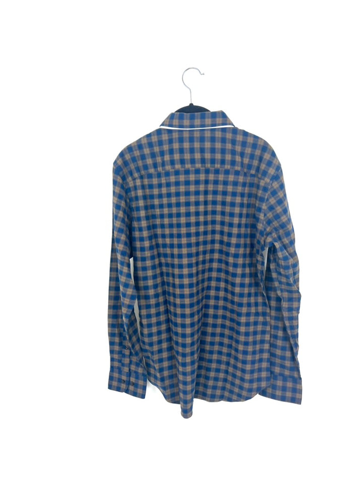 MENS Navy and Brown Plaid Long Sleeve Button-Up - Small