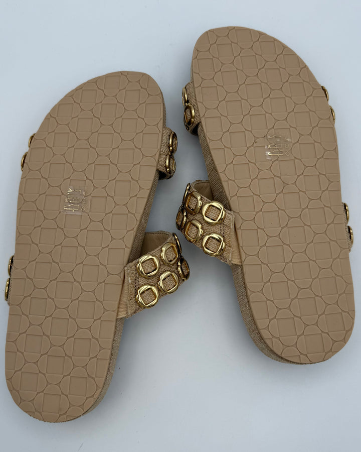 Tan Gold Hardware Flat Sandals - Size 6.5
