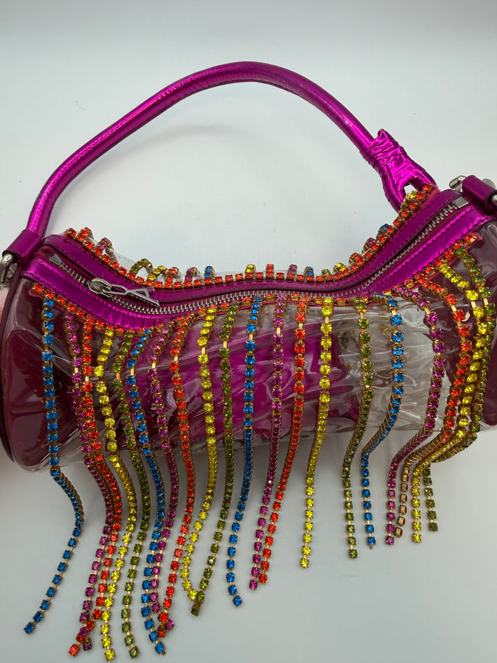 Fuchsia Pink Transparent Rhinestone Fringe Bag