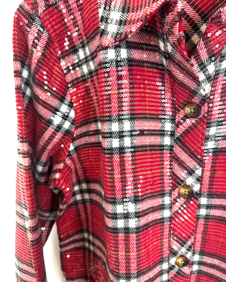 Red and Black Plaid Sequin Button Down - Size 6/8