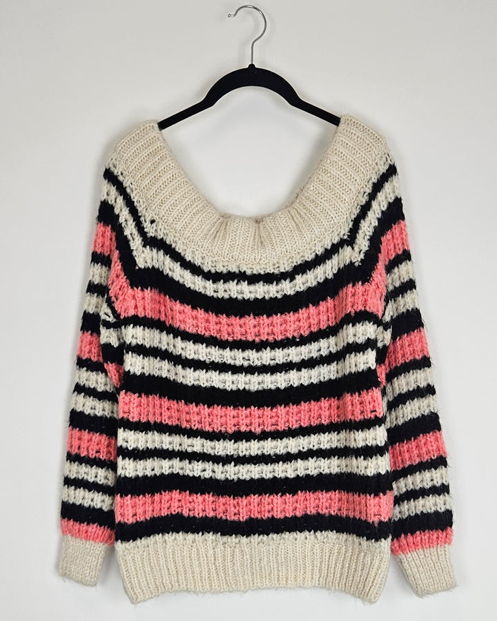 Cream Striped Off The Shoulder Sweater - Size 6