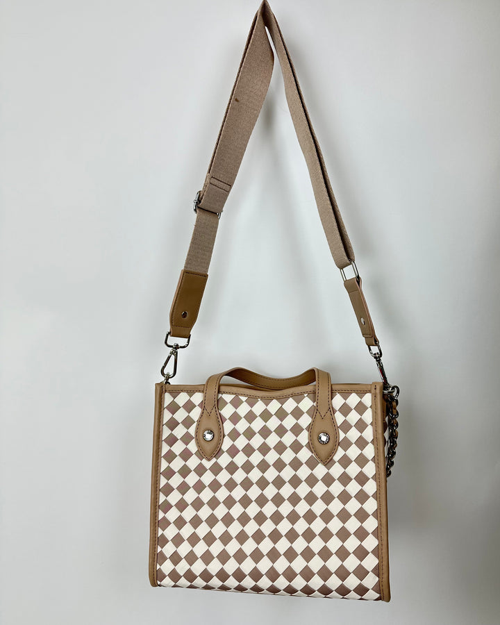 Beige And white Checkered Print Tote Bag