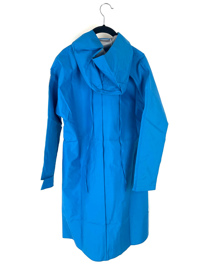 Bright Blue Long Raincoat With Hood - Size 2/4, 6/8,  8/10, and 10/12