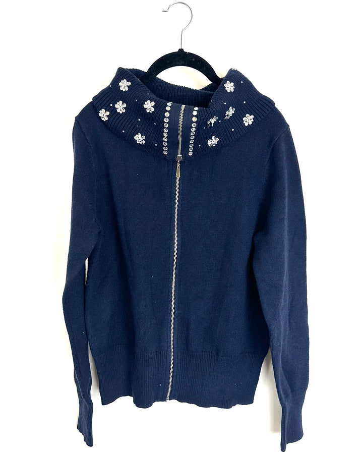 Navy Blue Zip Up Knit Sweater - Size 4/6