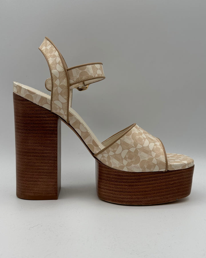 Cream and Brown Printed Heels - Size 9