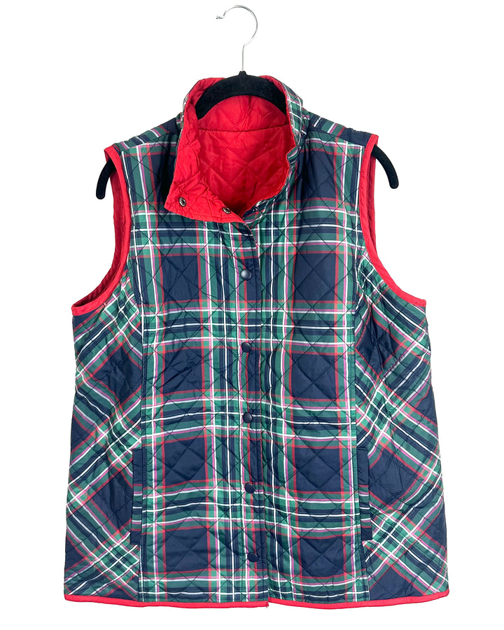 Holiday Red & Navy Plaid Reversible Vest - Size 6/8