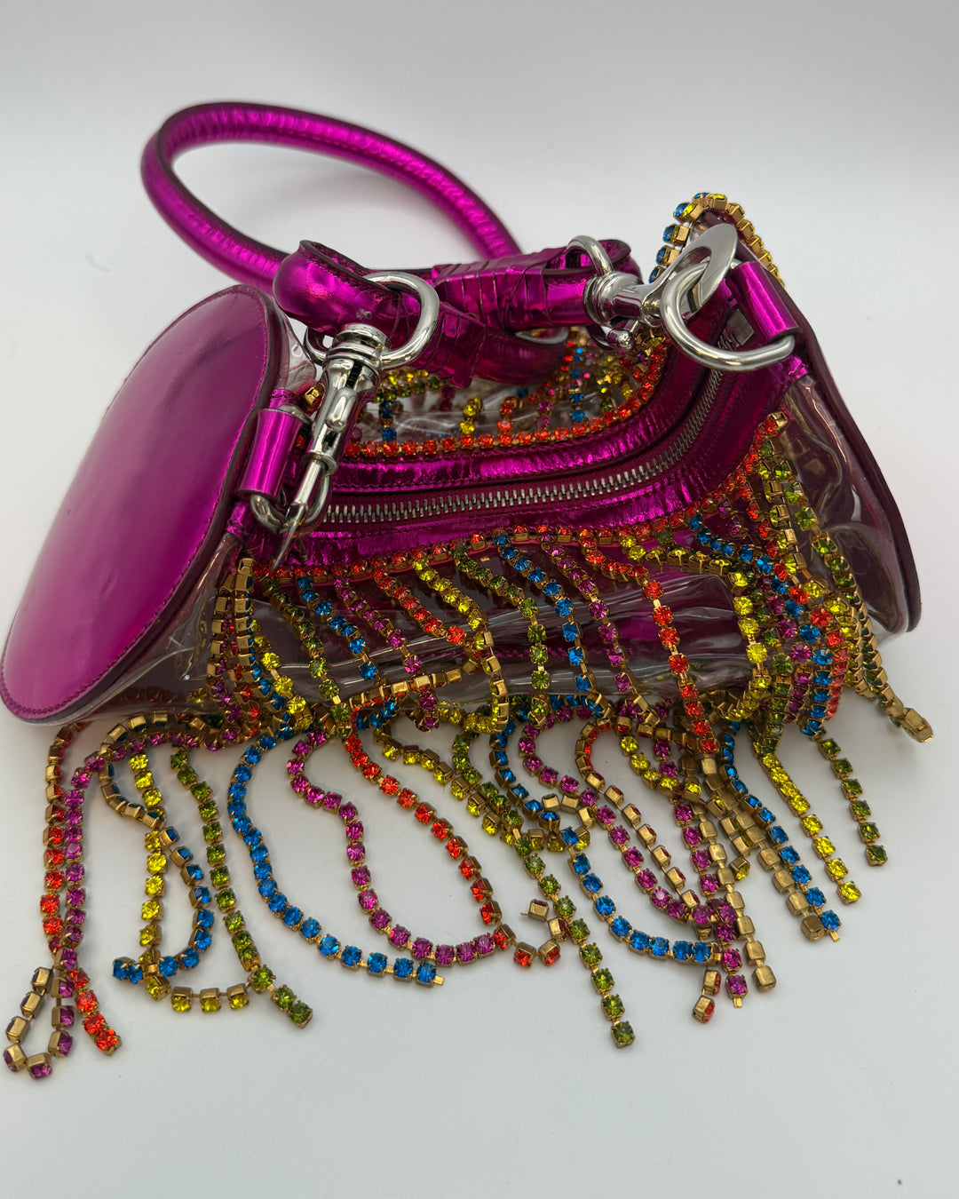 Fuchsia Pink Transparent Rhinestone Fringe Bag