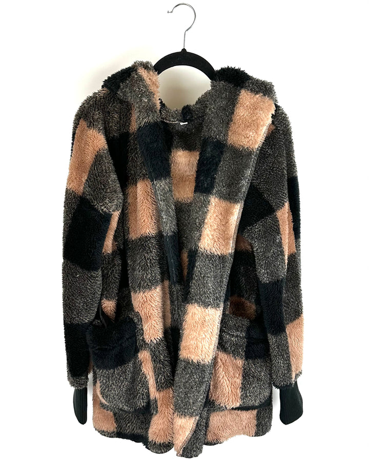 Brown and Black Checkered Lounge Cardigan - Size 6/8