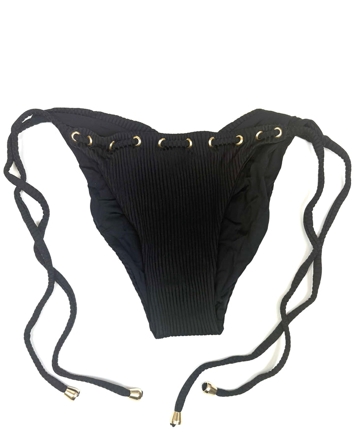 Black Ribbed & Gold String Bikini Bottom - XS - XL
