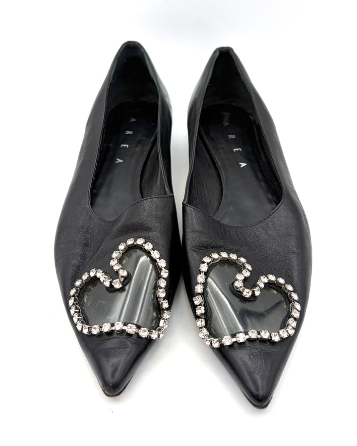 Ink Black and Clear Rhinestone Toe Flats - Size 39