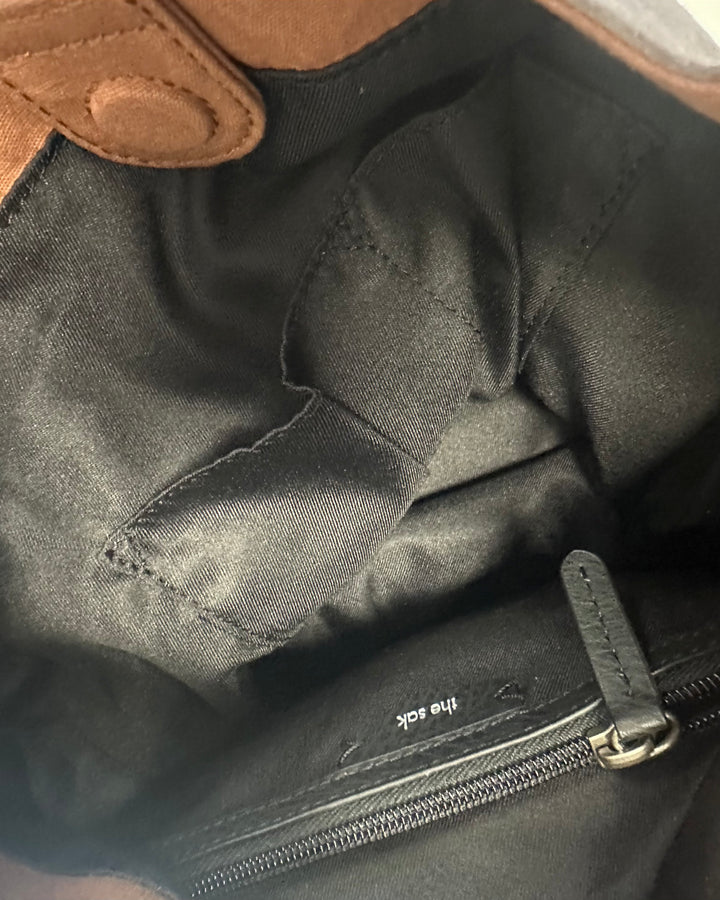 Beige and Black Color Block Suede Bucket Bag