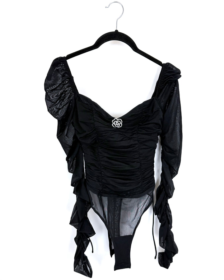 Black Ruched Long Sleeve Bodysuit - Size 0/2