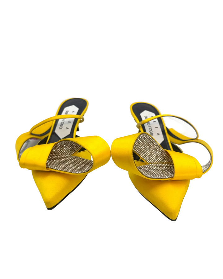 Bright Yellow Rhinestone Bow Kitten Heels - Size 38