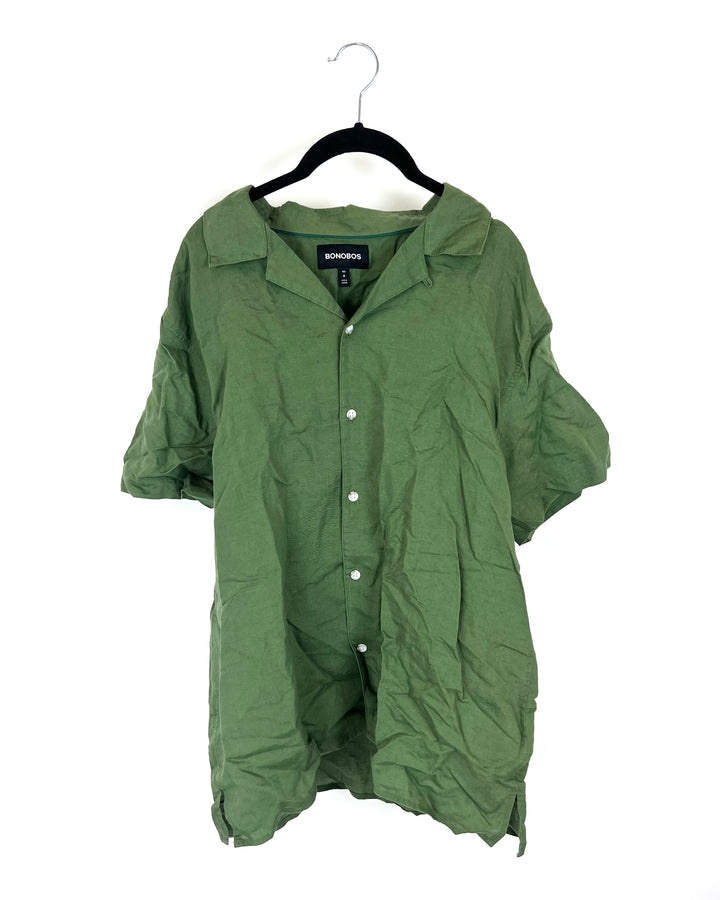 MENS Green Short Sleeve Linen Top - Medium