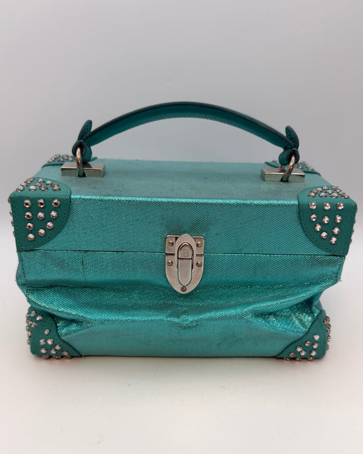 Metallic Teal Rhinestone Trim Rectangle Bag