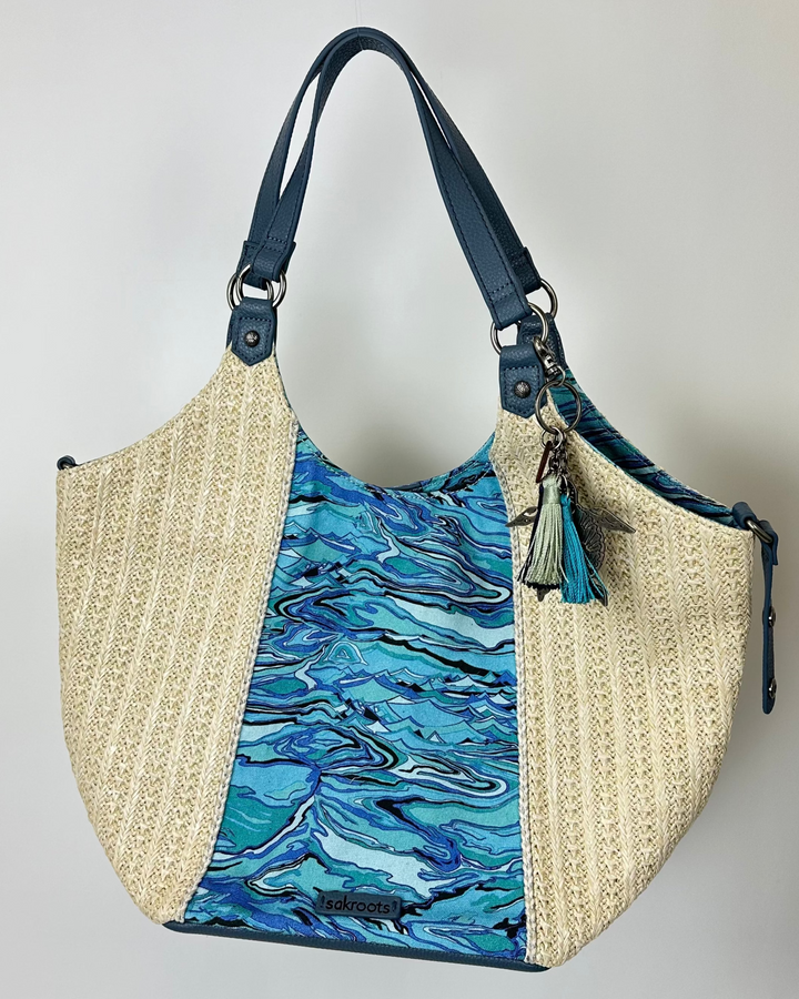 Blue Marble And Raffia Tote Bag