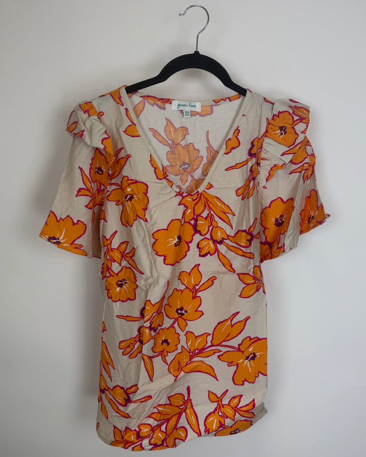 Orange & Pink Floral Short Sleeve Shirt - Size 4/6