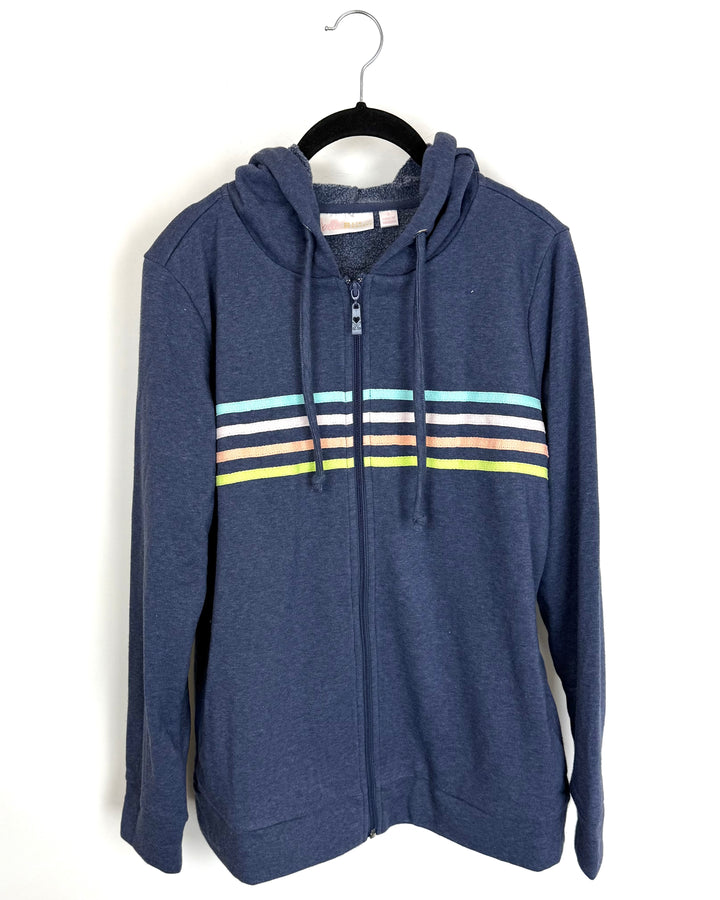 Navy Blue Striped Zip Up Jacket - Size 6/8