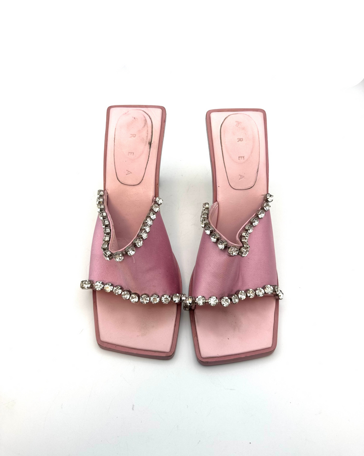 Pink Satin Bold Gem Square Toe Heels - Size 40