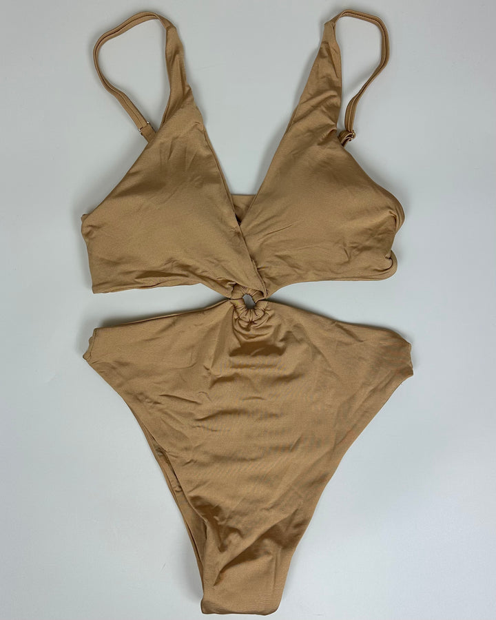 Sand Beige Plunge Cut Out One Piece - Size 2/4