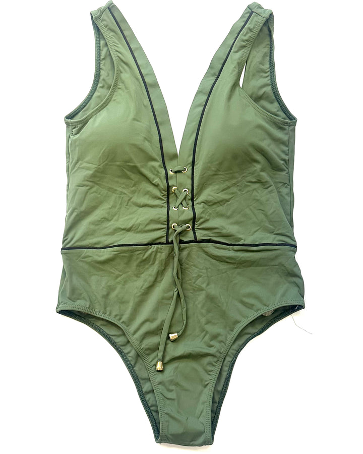 Khaki Green Lace Up One Piece Swimsuit - Small