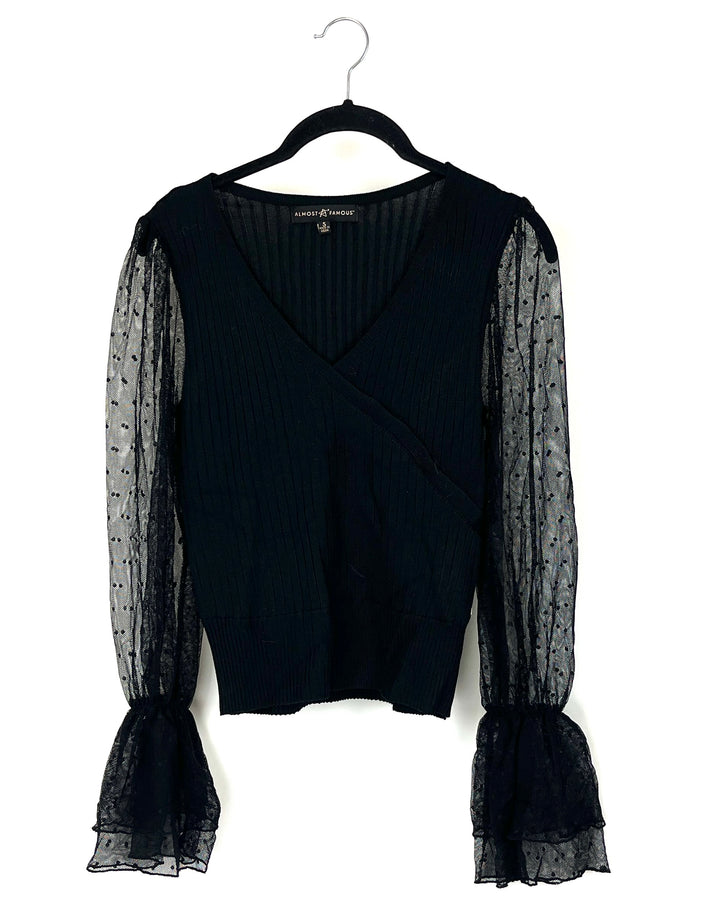 Black Long Sleeve Blouse with Sheer Puff Sleeves - Size 2/4