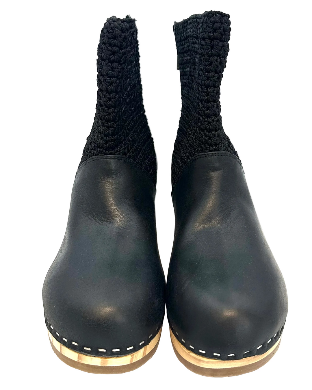 Black Leather & Crochet Clog Boots - Size 6-11