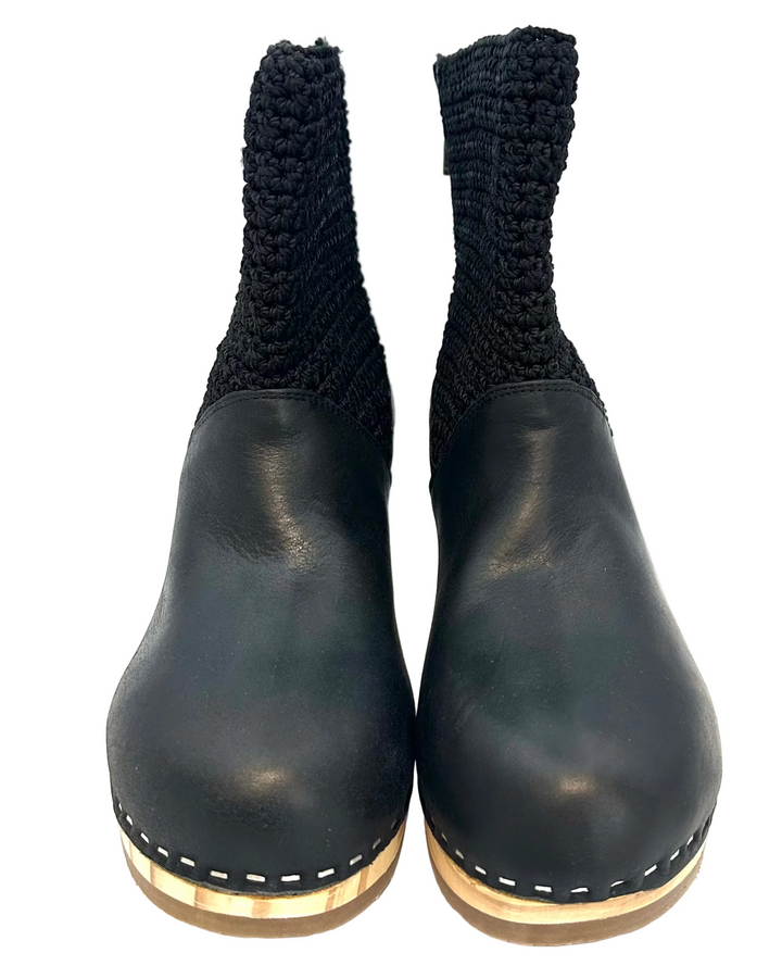 Black Leather & Crochet Clog Boots - Size 6-11