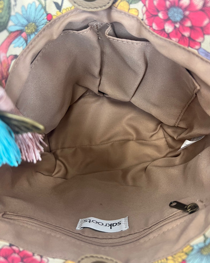 Multi Color Floral And Raffia Mini Tote Bag