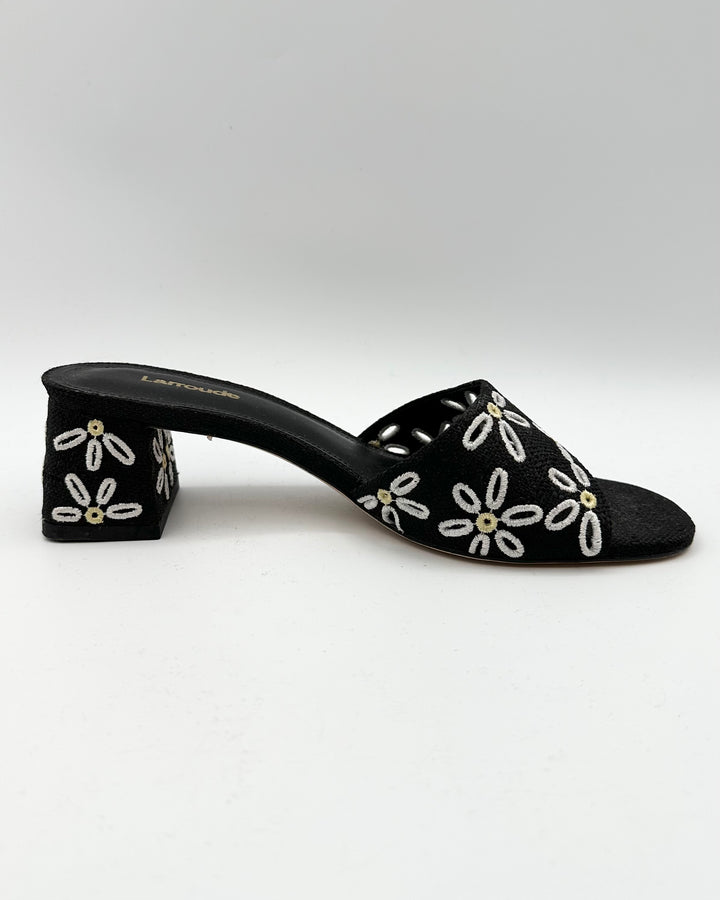 Black Raffia and Floral Print Heel Sandal - Size 6.5
