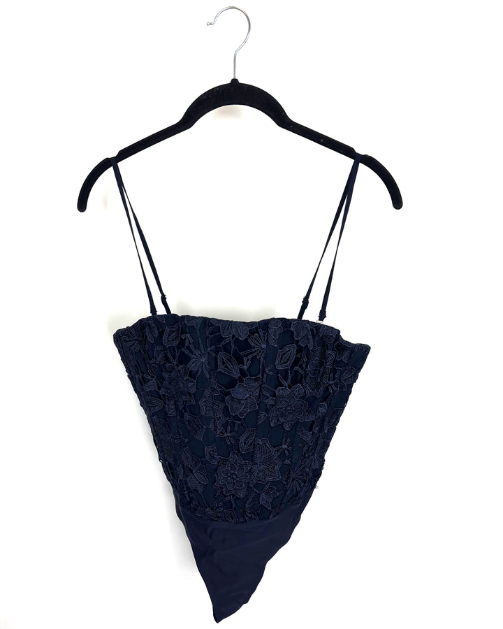 Navy Blue Strapless Floral Knit Bodysuit - Size 00 and Size 8