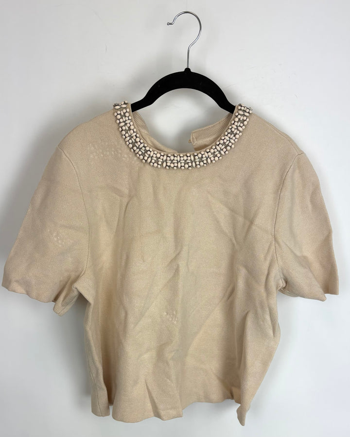 Beige Top With Beaded Neckline - Size 4/6
