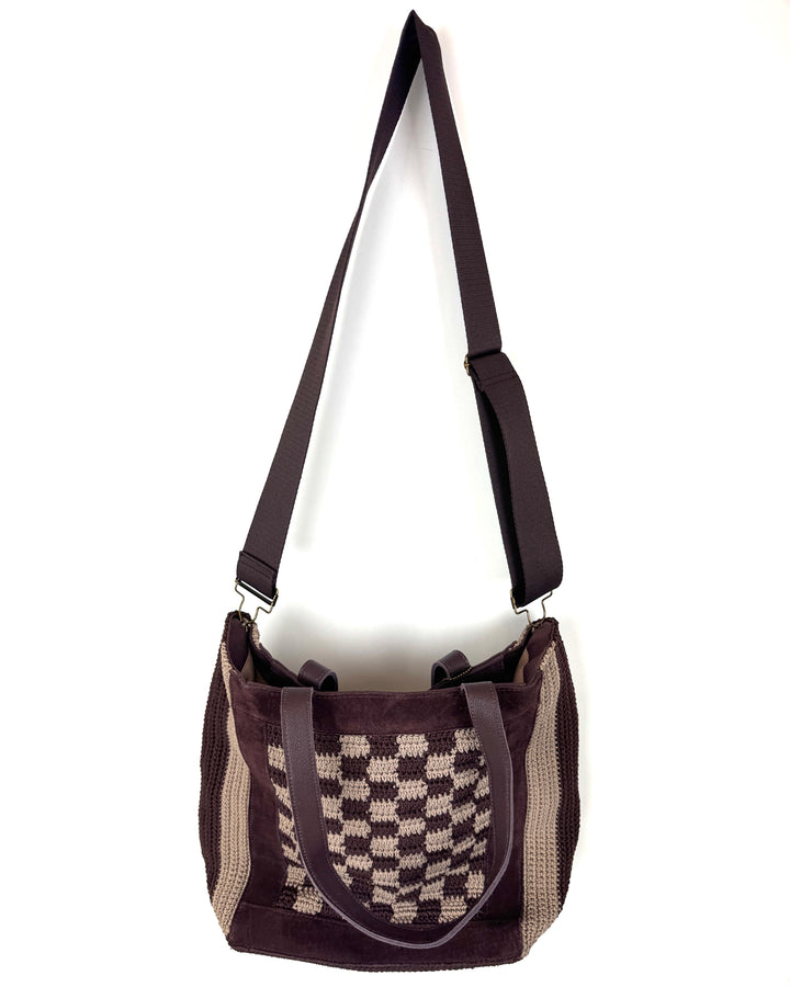 Brown Checkered Print Large Tote Bag