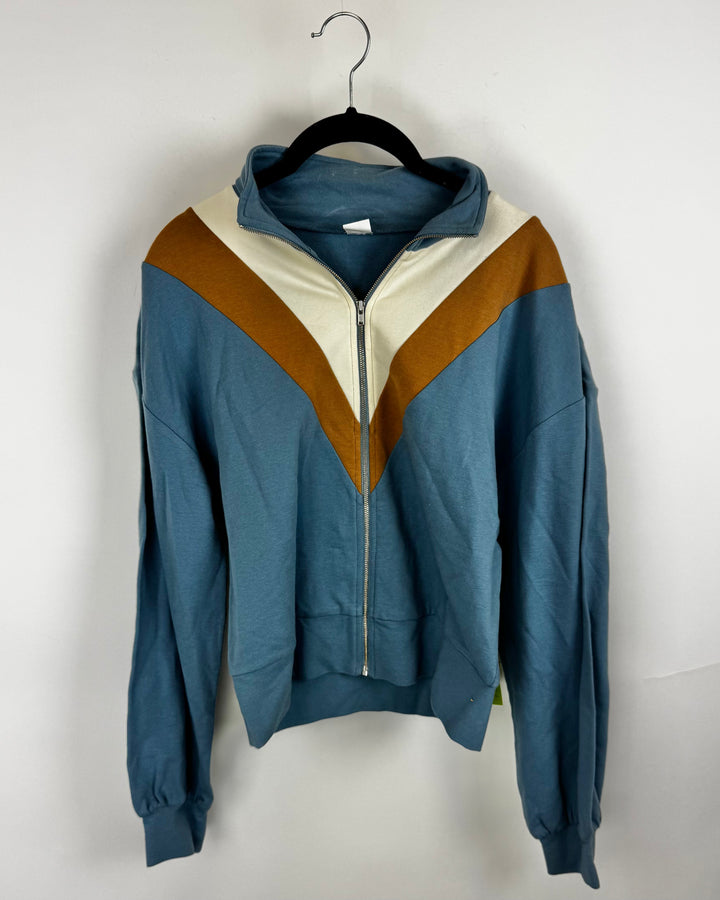 Blue & Tan Cropped Quarter Zip - Small