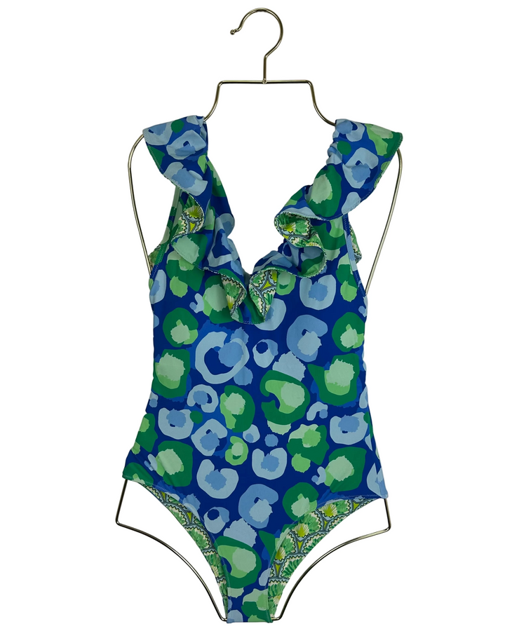 Blue & Green Cheetah One Piece Swimsuit - XS, S, XL