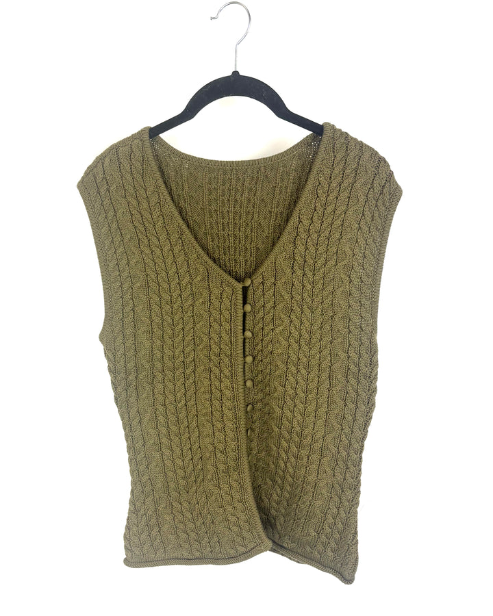 Army Green Knit Button-up Sweater Vest - Medium