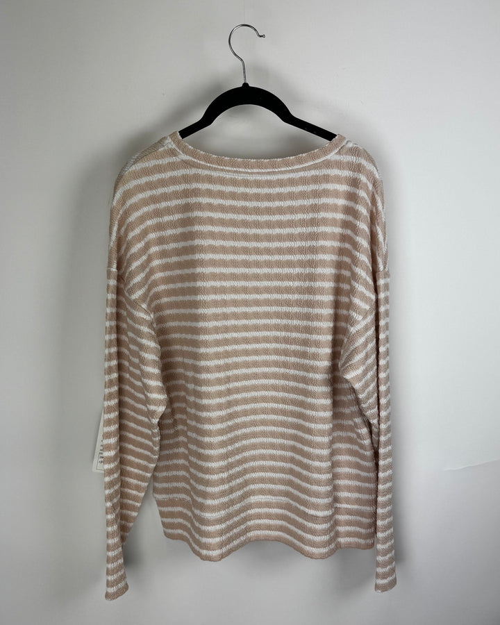 White and Sand Brown Striped Shirt - Medium