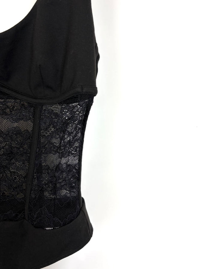 Black Corset Sheer Lace Bodysuit - Small