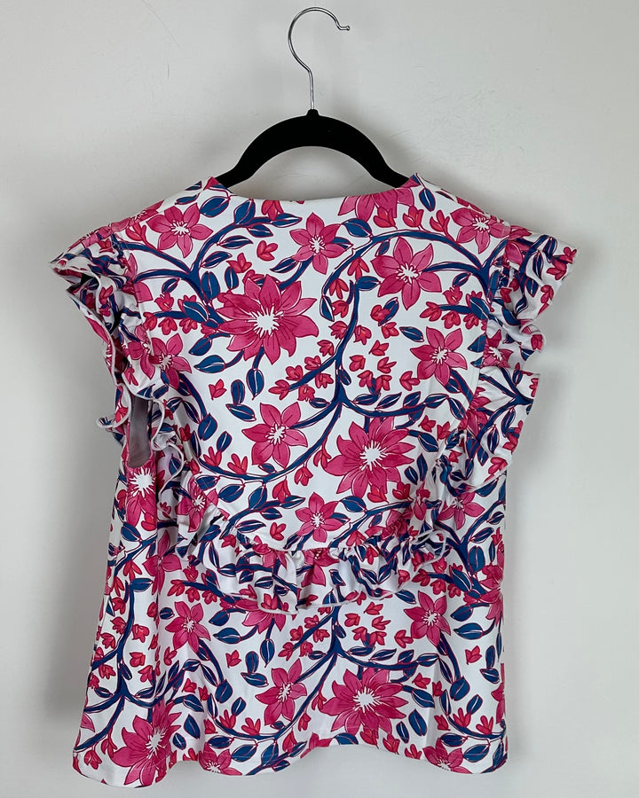 White and Pink Floral Ruffle Top - Size XS, S, M, L, XL, XXL