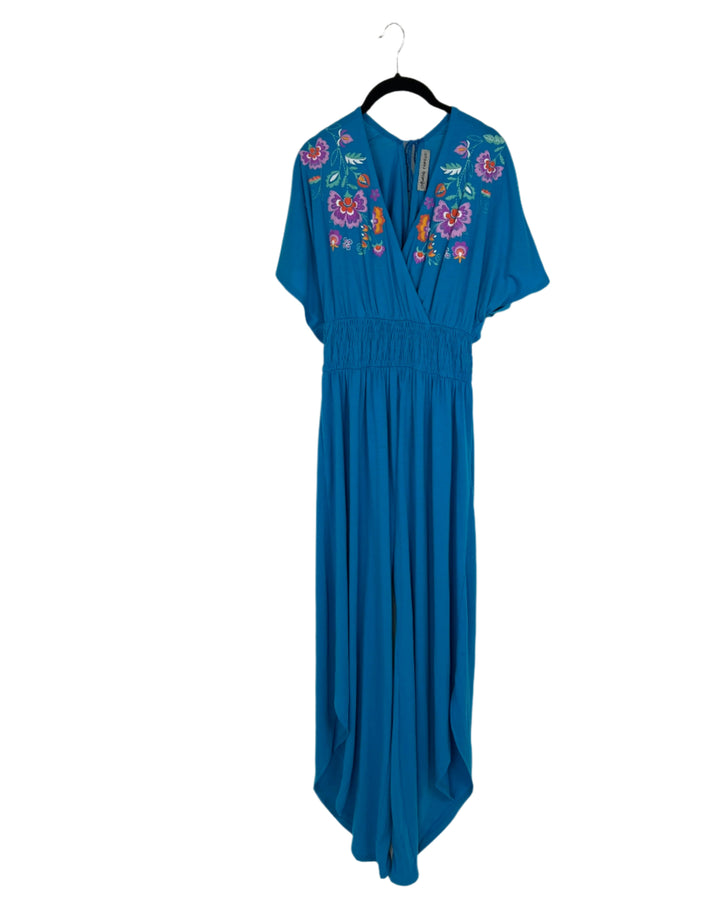 Blue Short Sleeve Floral Detail Jumpsuit - Size 6/8