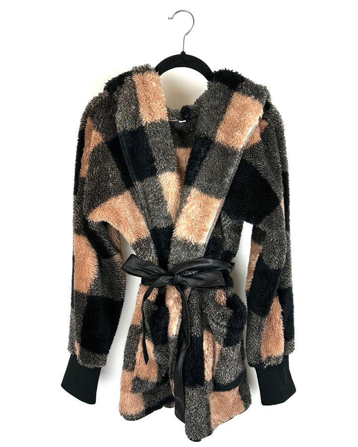 Brown and Black Checkered Lounge Cardigan - Size 6/8
