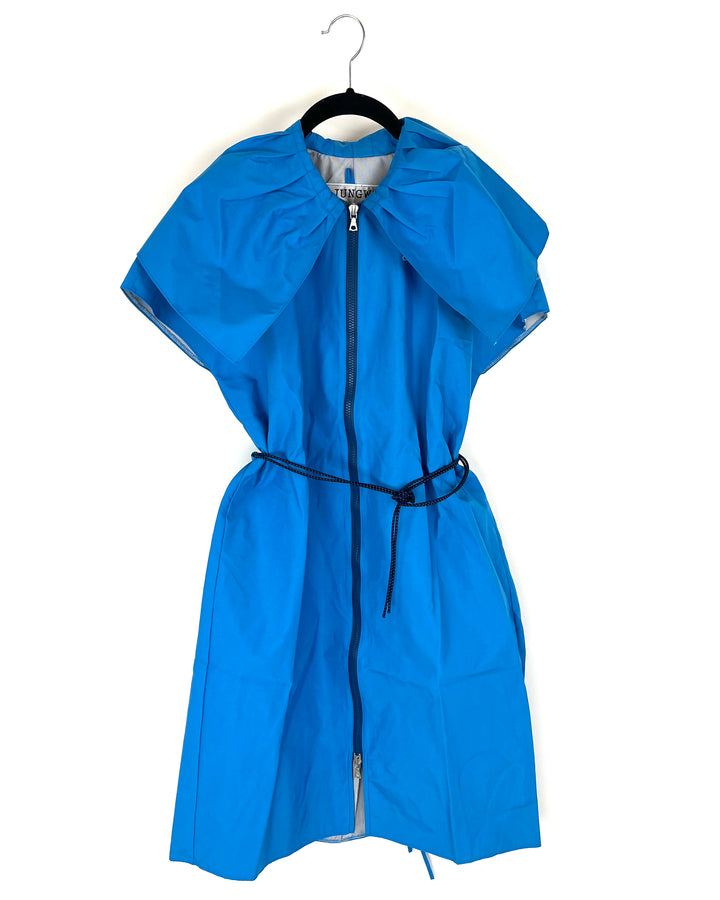 Bright Blue Ruffle Neck Short Sleeve Raincoat - Size 6/8, 10/12 and 14/16