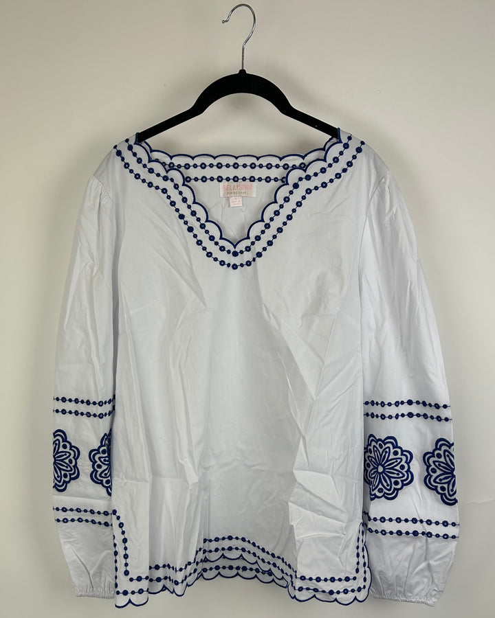 White and Blue Eyelet Long Sleeve - Size 6/8