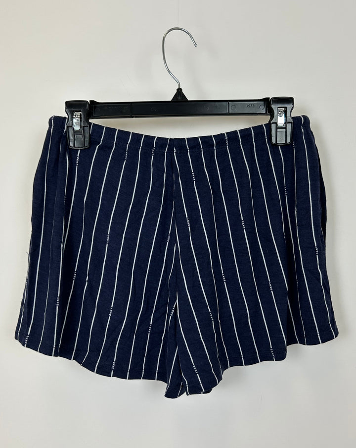 Navy Blue and White Striped Loungewear Shorts - Small