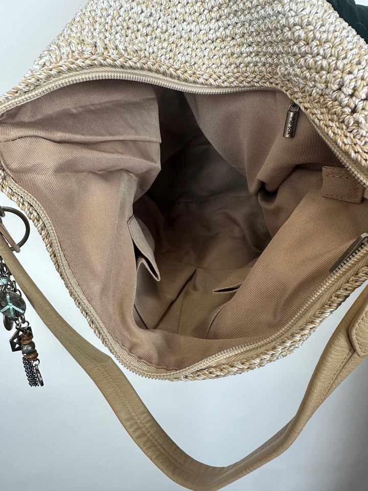 Beige Striped Crochet Slouch Bag