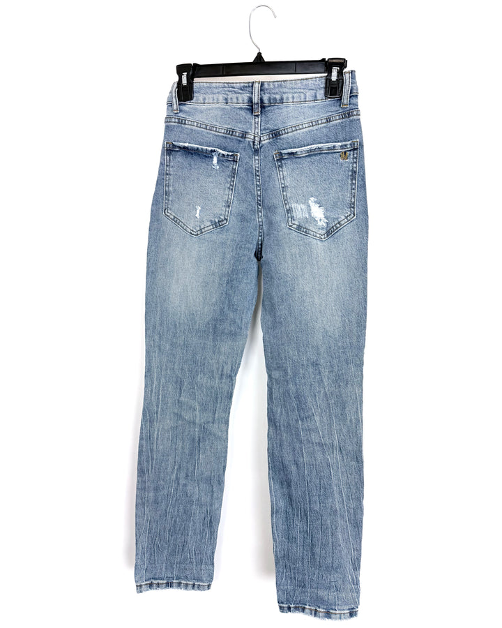Stone-Washed Blue Distressed Tapered Jeans - SIze 0