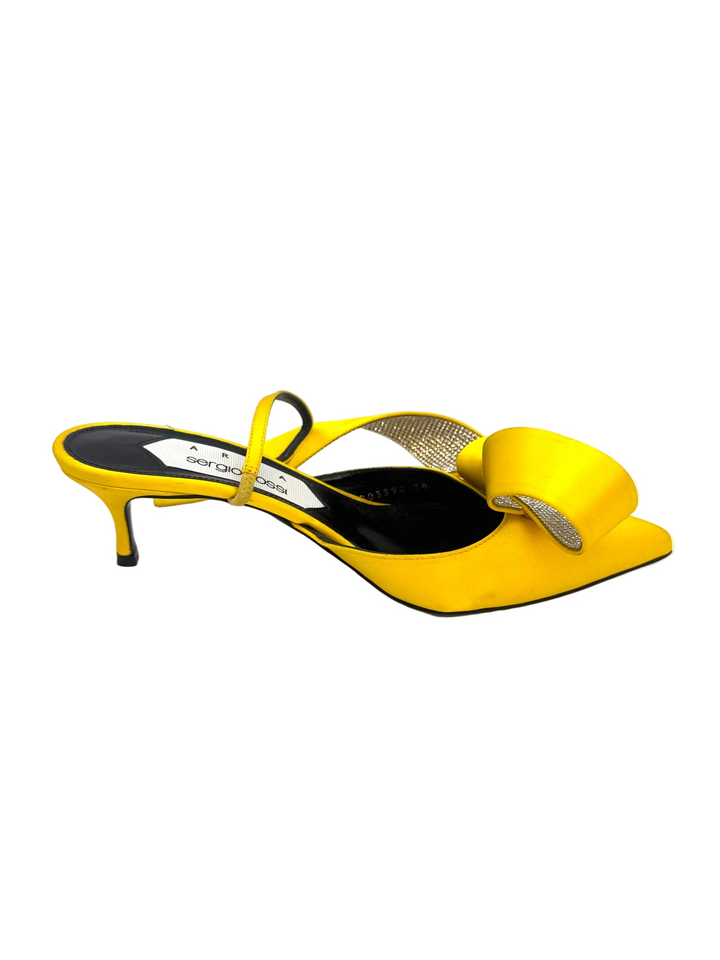 Bright Yellow Rhinestone Bow Kitten Heels - Size 38
