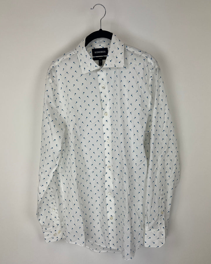 MENS White and Blue Floral Slim Fit Dress Shirt - 15 1/2 x 35