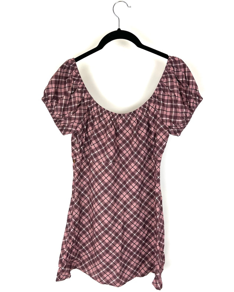 Pink And Brown Plaid Puffed Sleeve Top - Size 4/6